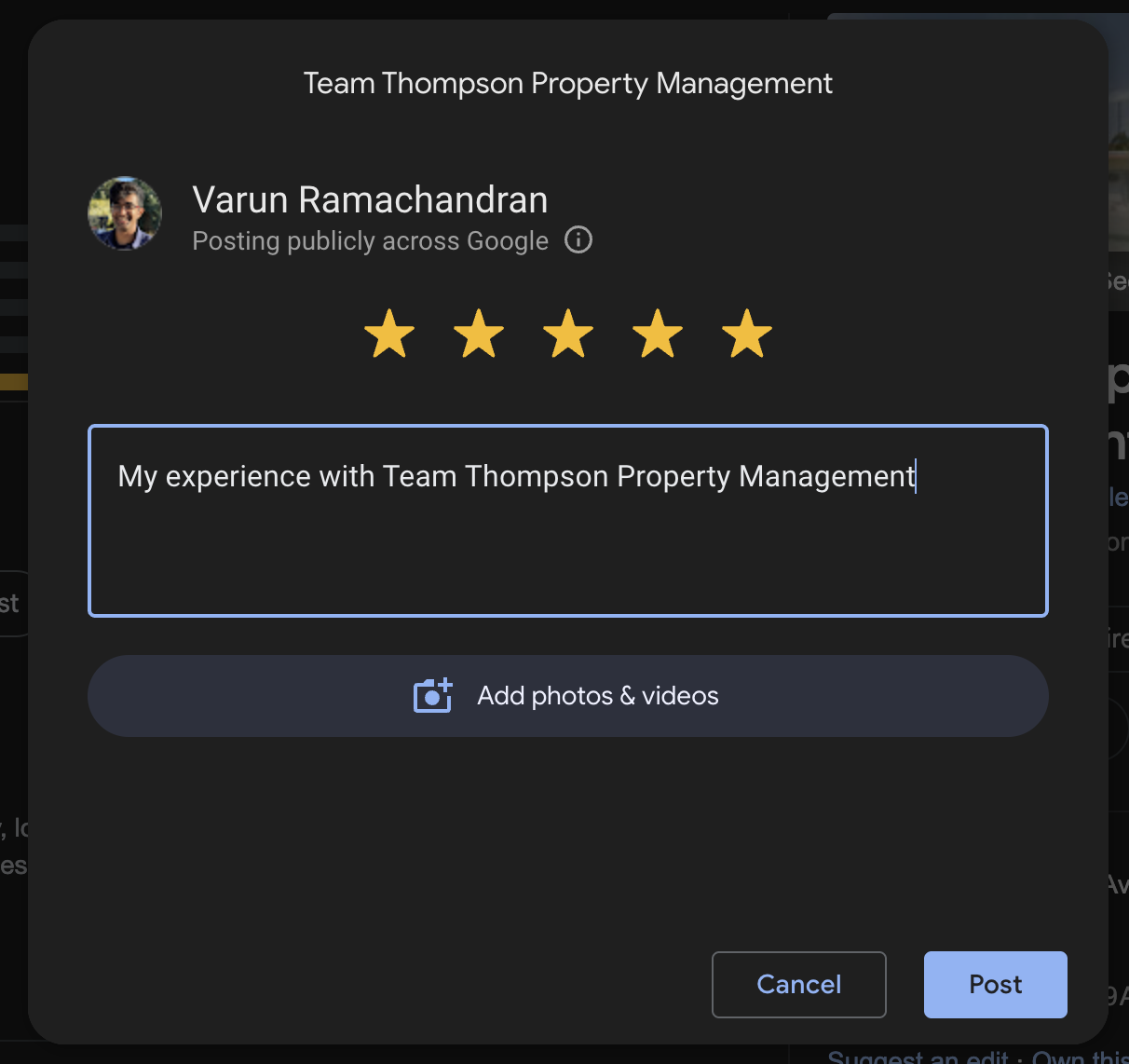 Review writing interface screenshot